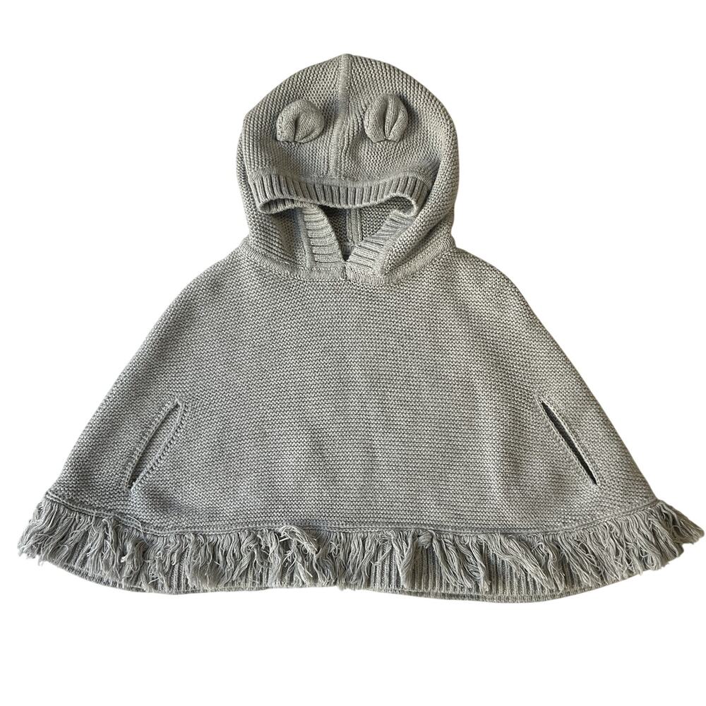 Babygap Girls Poncho Size 2 YRS Gray Fringe 100% Cotton Hoodie Knit Pullover